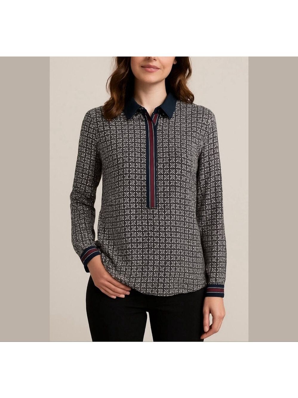 LOFT half button Hanley top tunic blouse shirt Geometric print burgundy Sz M